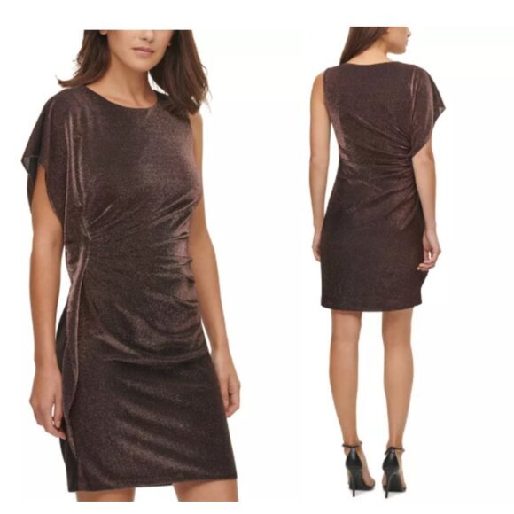 Women's Copper Cocktail Dress Size‎ 2 Shimmering Asymmetrical Sleeve Dress - Picture 5 of 10